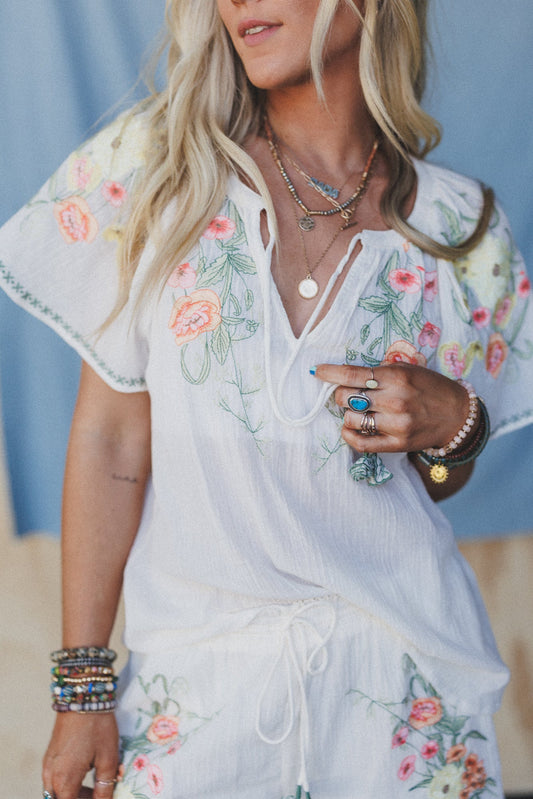 Perrin Floral Embroidered Top - Cream