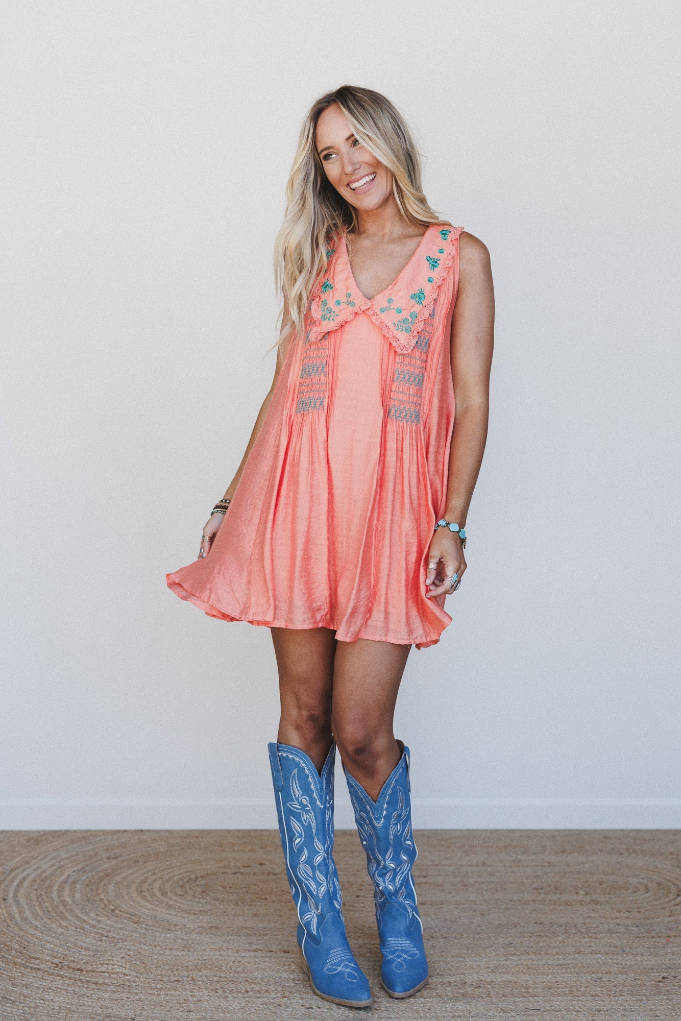 Lyona Embroidered Dress - Coral