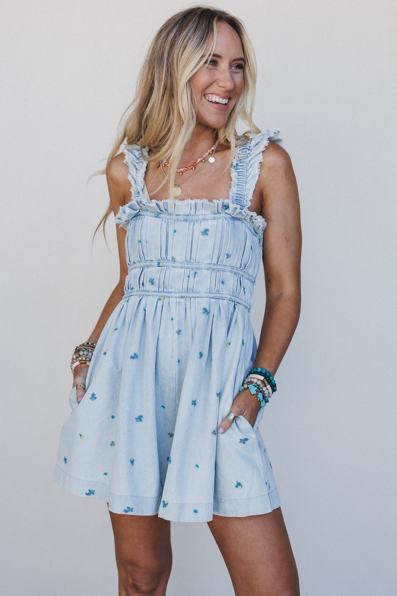 Selina Floral Denim Romper - Light Denim