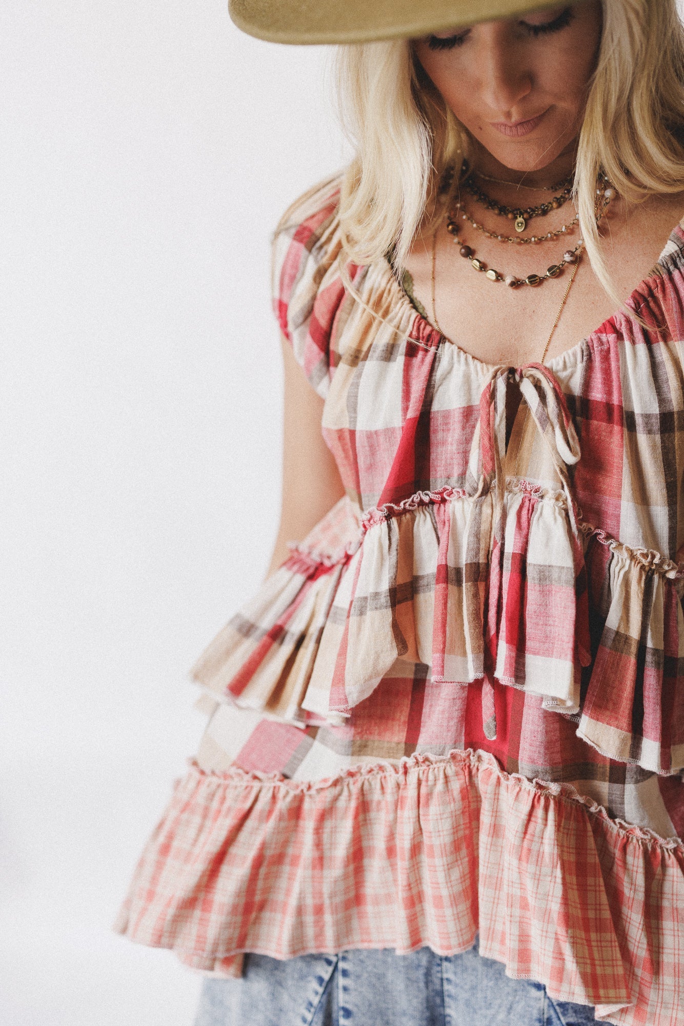 Clover Stitch Plaid Top - Pink