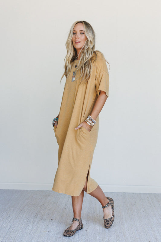 Hushed Glow Slit Midi Dress - Mustard