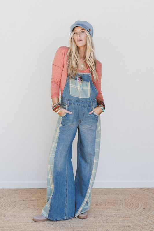 So Fine Contrast Denim Overalls - Medium Wash