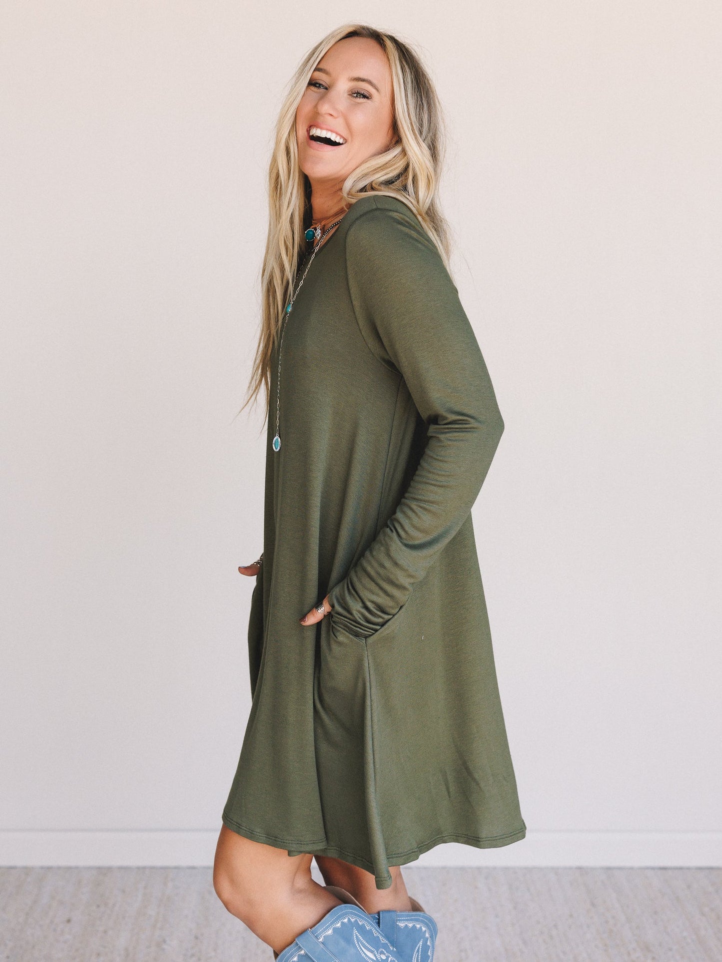 The Nest Jake Long Sleeve Crewneck Dress - Olive