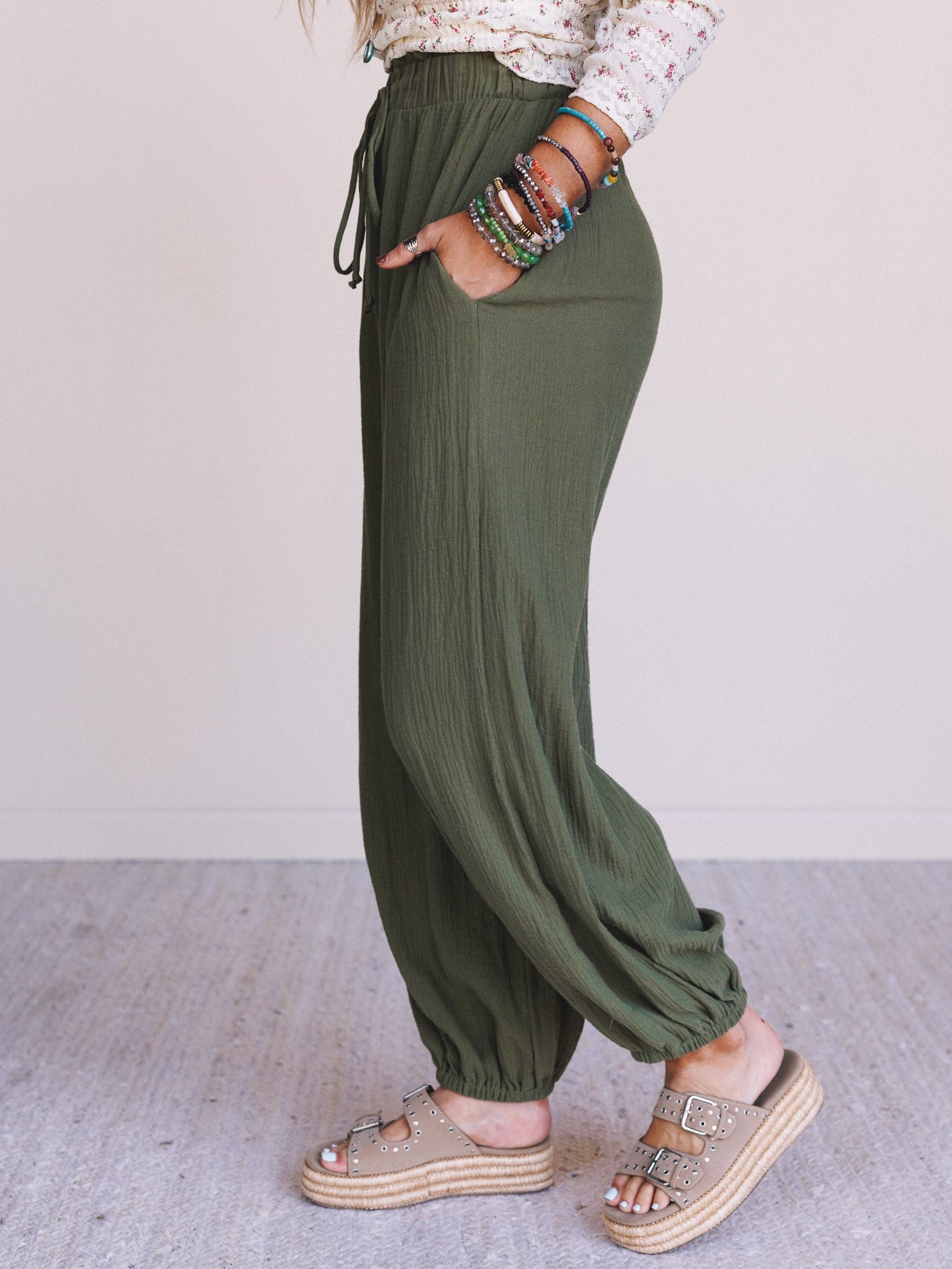 The Nest Celestia Wide Leg Cinched Pants - Olive