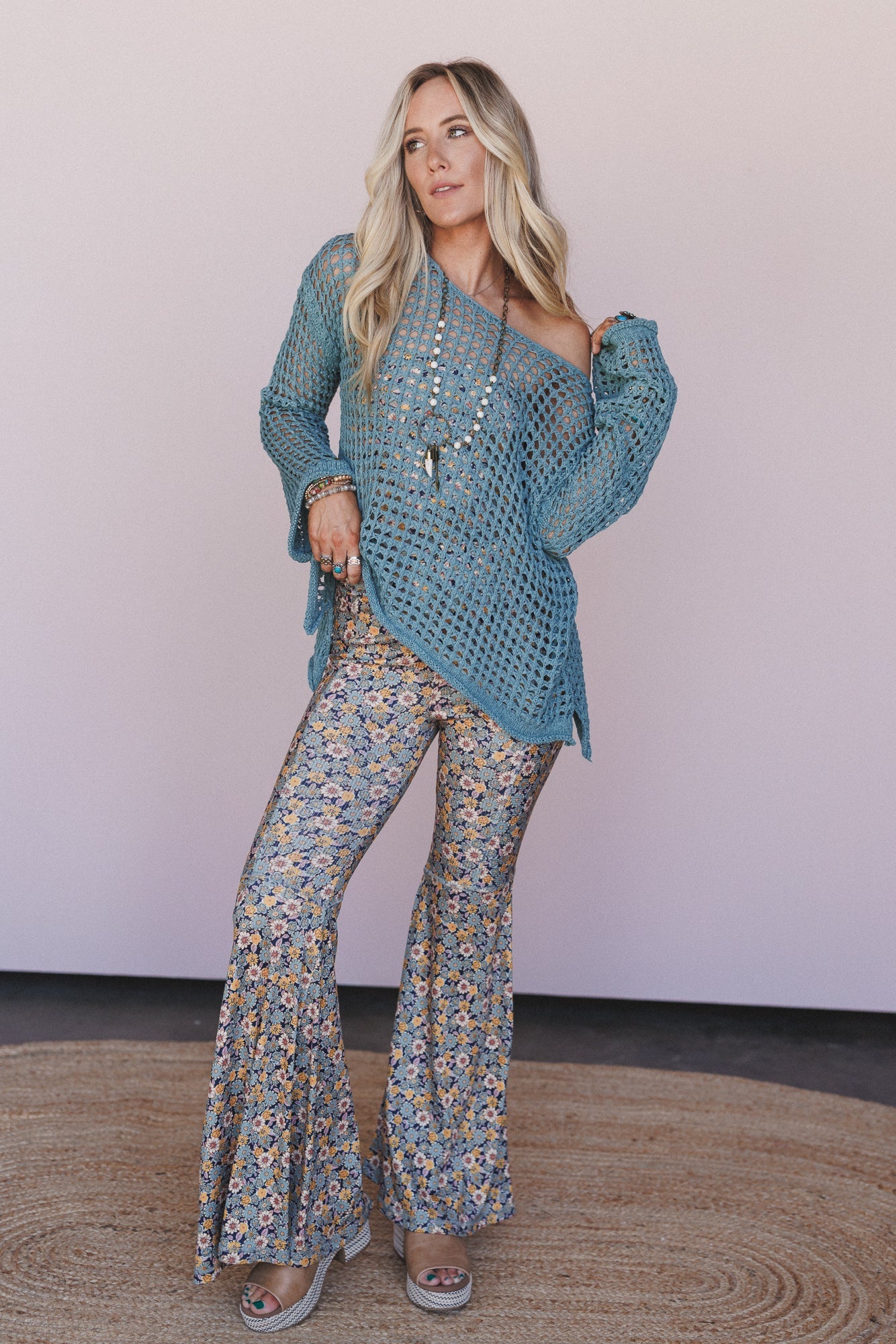 The Nest Dream in Flowers Flare Pants - Navy Seafoam