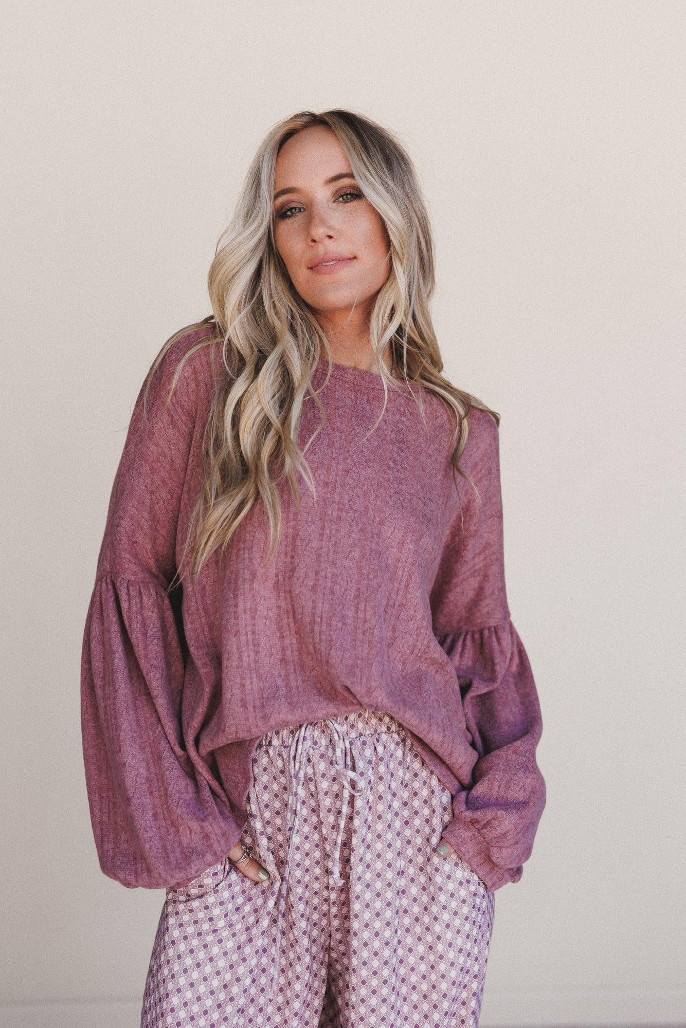 The Nest Sweet Heart Balloon Sleeve Knit Sweater - Mulberry