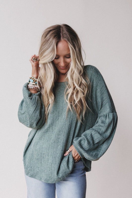 The Nest Sweet Heart Balloon Sleeve Knit Sweater - Olive