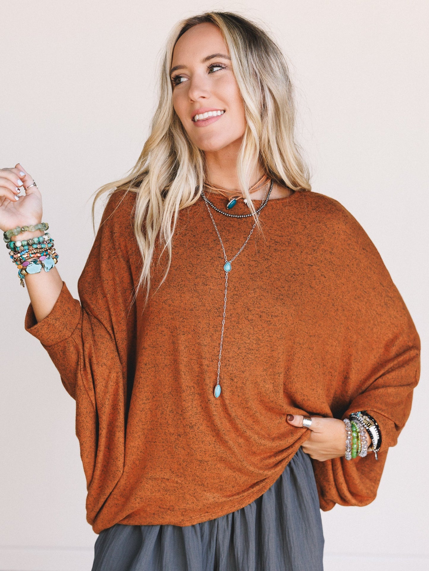 The Nest Fly With Me Batwing Sleeve Knit Sweater - Rust