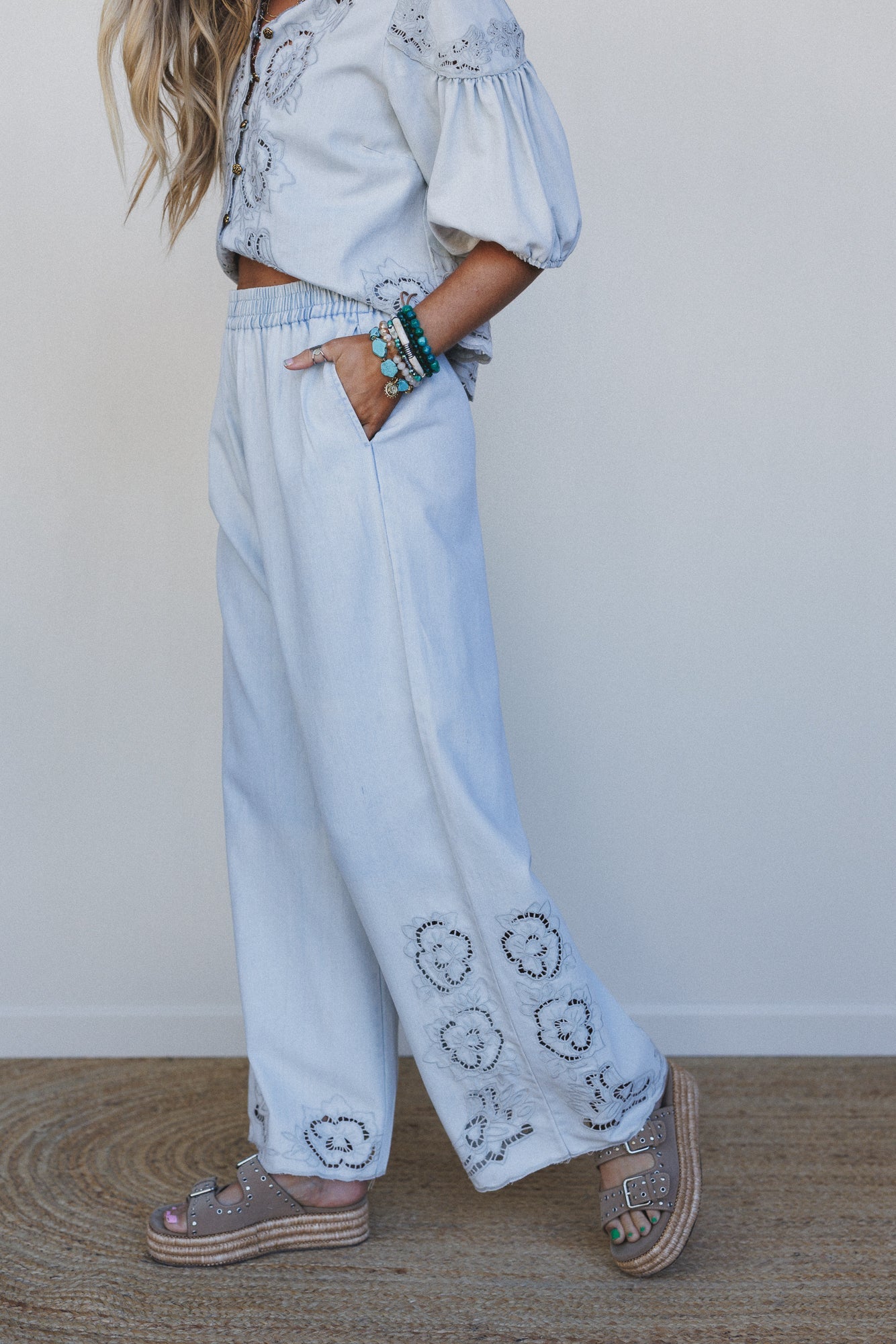 Leticia Embroidered Wide Leg Pants - Denim