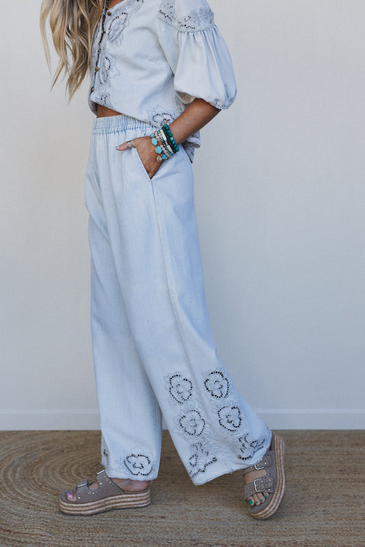 Leticia Embroidered Wide Leg Pants - Denim