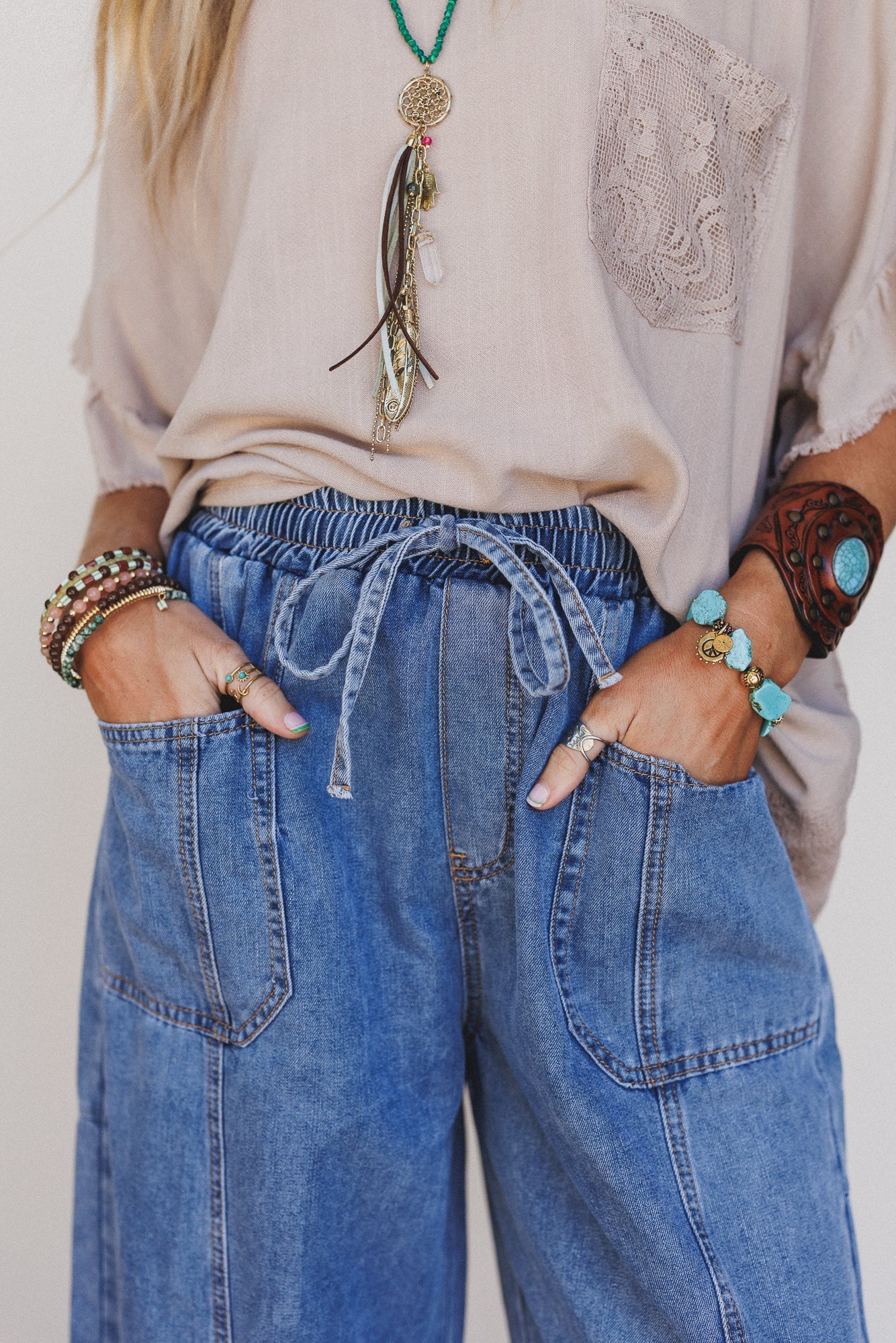 Sudden Spark Drawstring Barrel Jeans - Denim