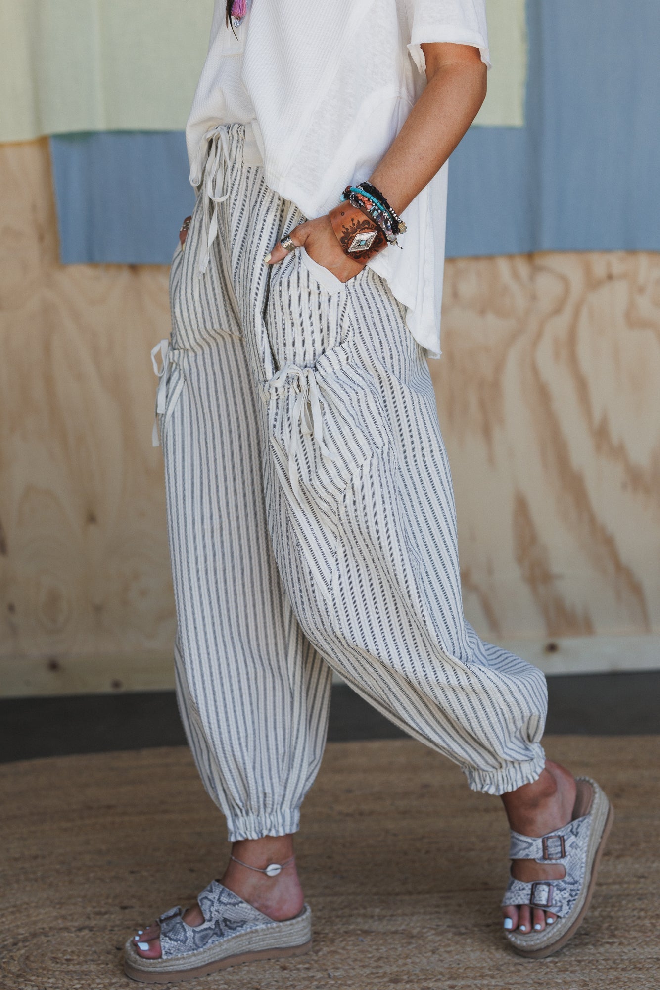 Sunday Social Striped Drawstring Joggers - Oatmeal