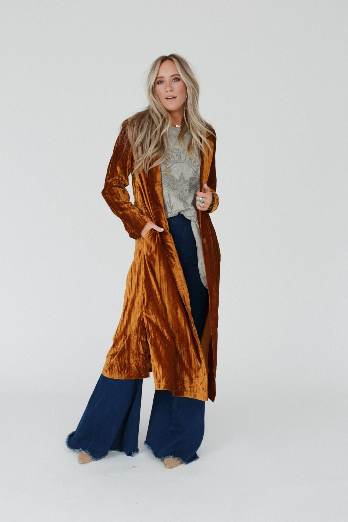 City Walks Velvet Duster Coat - Camel