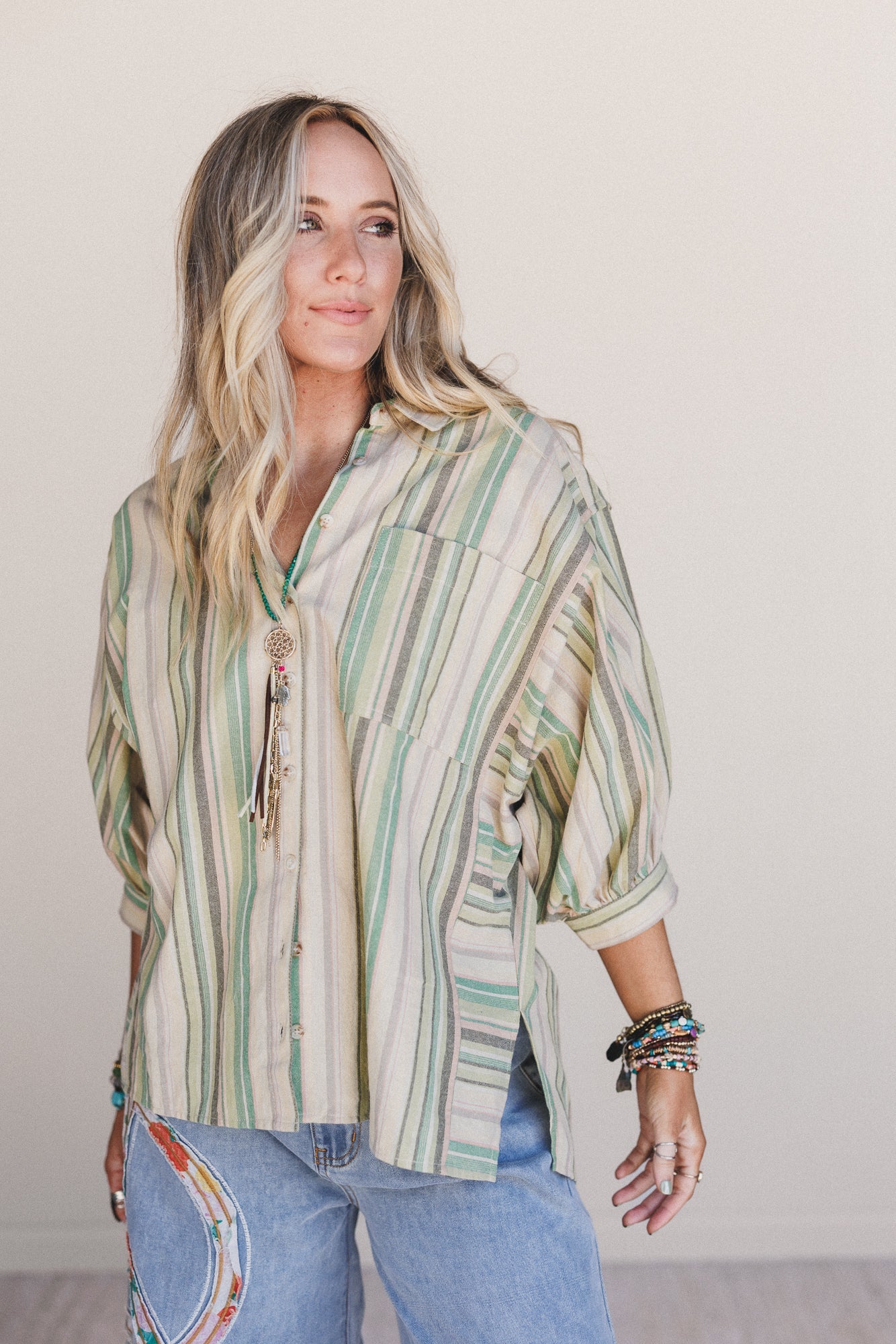 Finch Striped Button Down Top - Green Multi