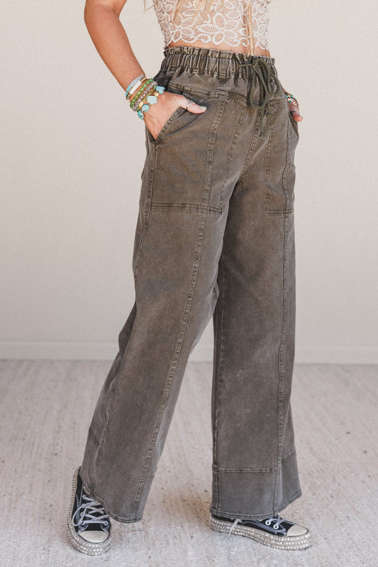 Clean Break Drawstring Wide Leg Pants - Olive