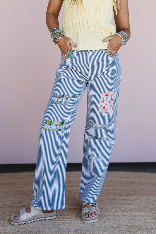 Roxie Striped Patchwork Pants - Denim