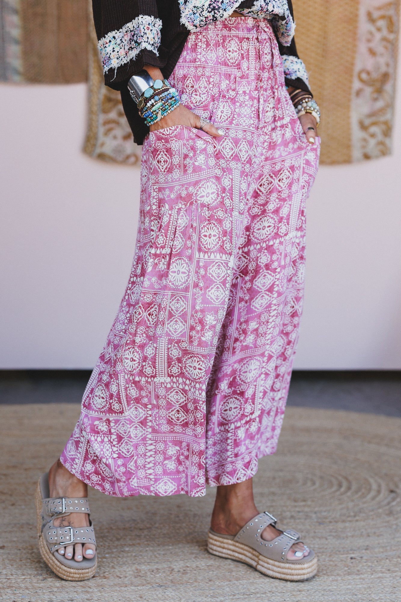 Solana Printed Wide Leg Pants - Pink