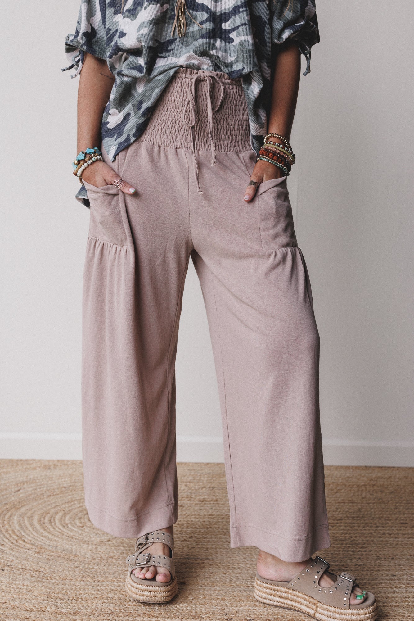 Solana Solid Wide Leg Pants - Natural