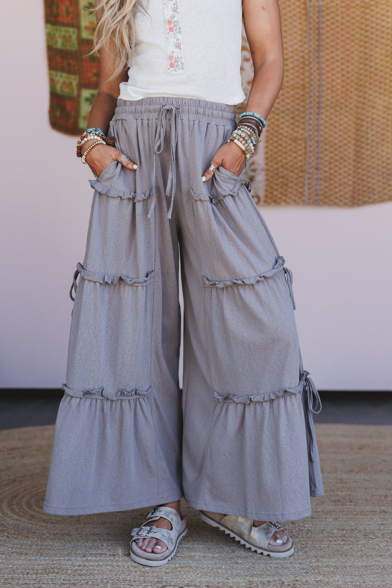 A New You Ruffle Wide Leg Pants - Charcoal