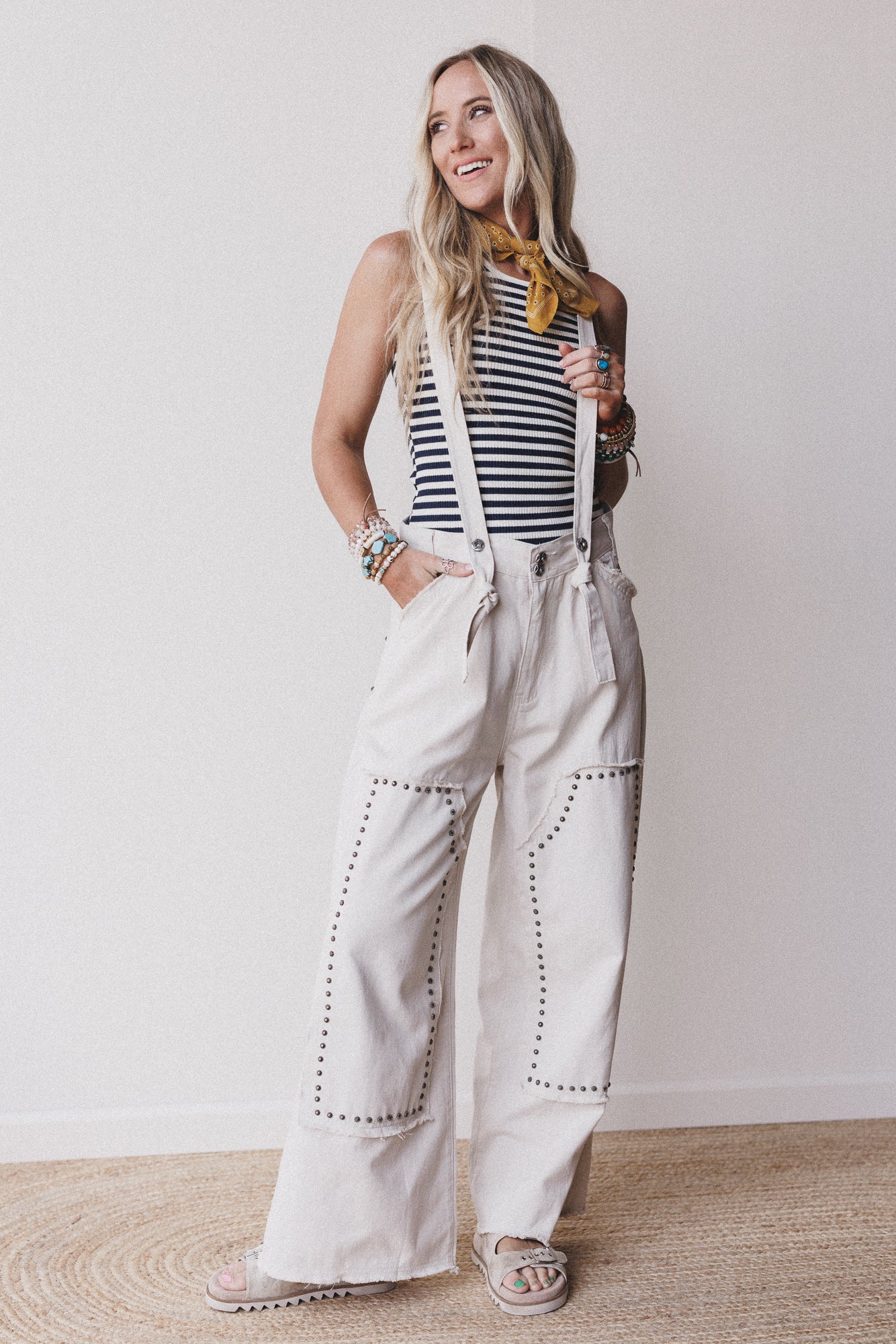 Rebel Stone Studded Overalls - Beige