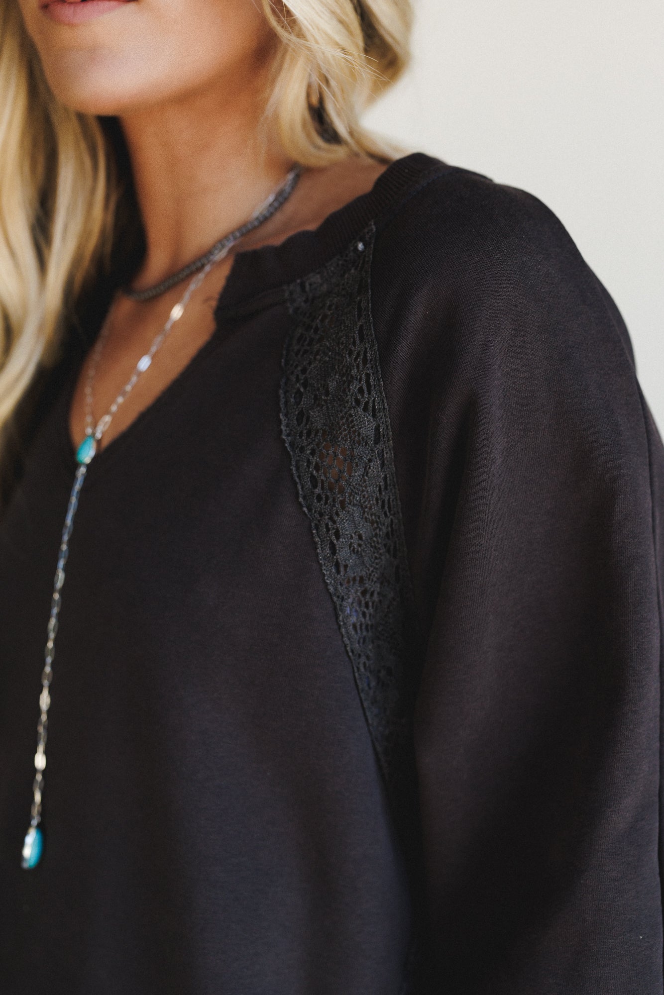 Rustic Lace Dream Trim Top - Ash Black