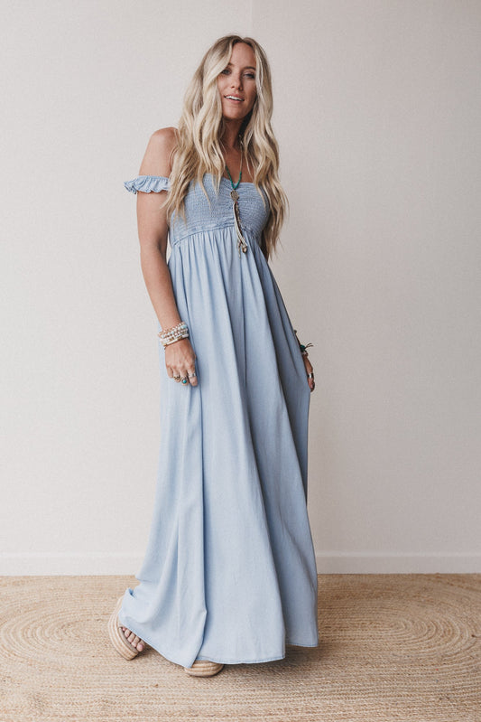 Prairie Sky Smocked Maxi Dress - Blue