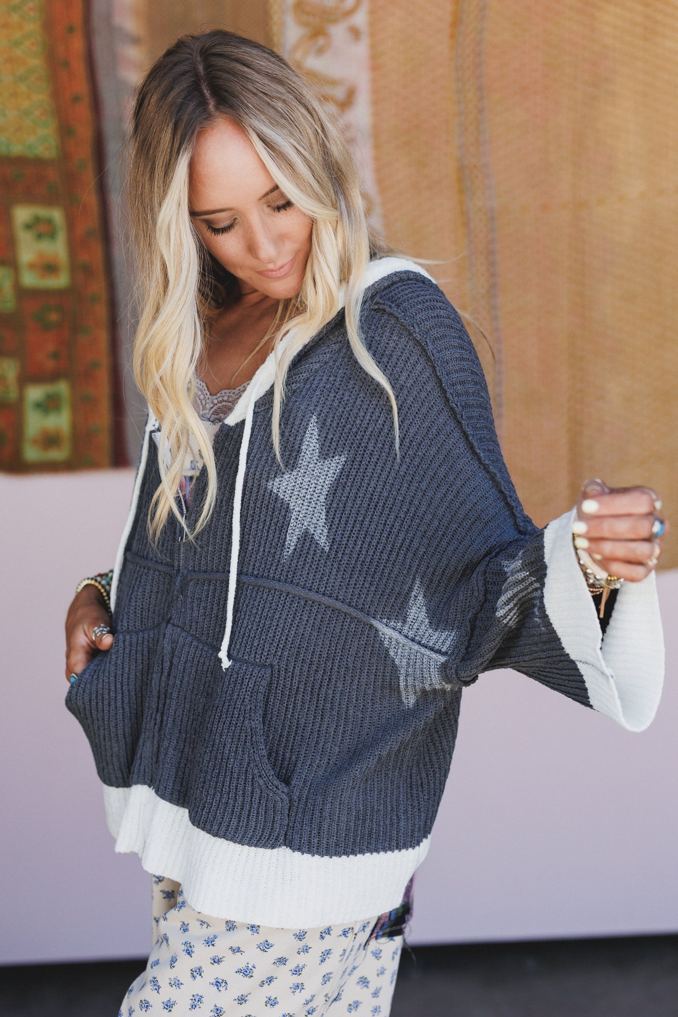 Casual Stars Zip Up Hoodie - Charcoal