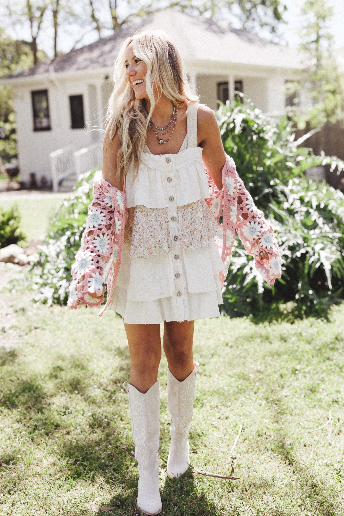 Rosette Layered Denim Dress - Ivory
