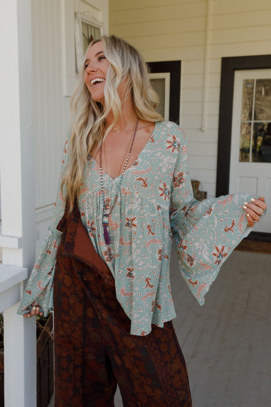 The Nest Brea Mixed Print Top - Sage Floral Print