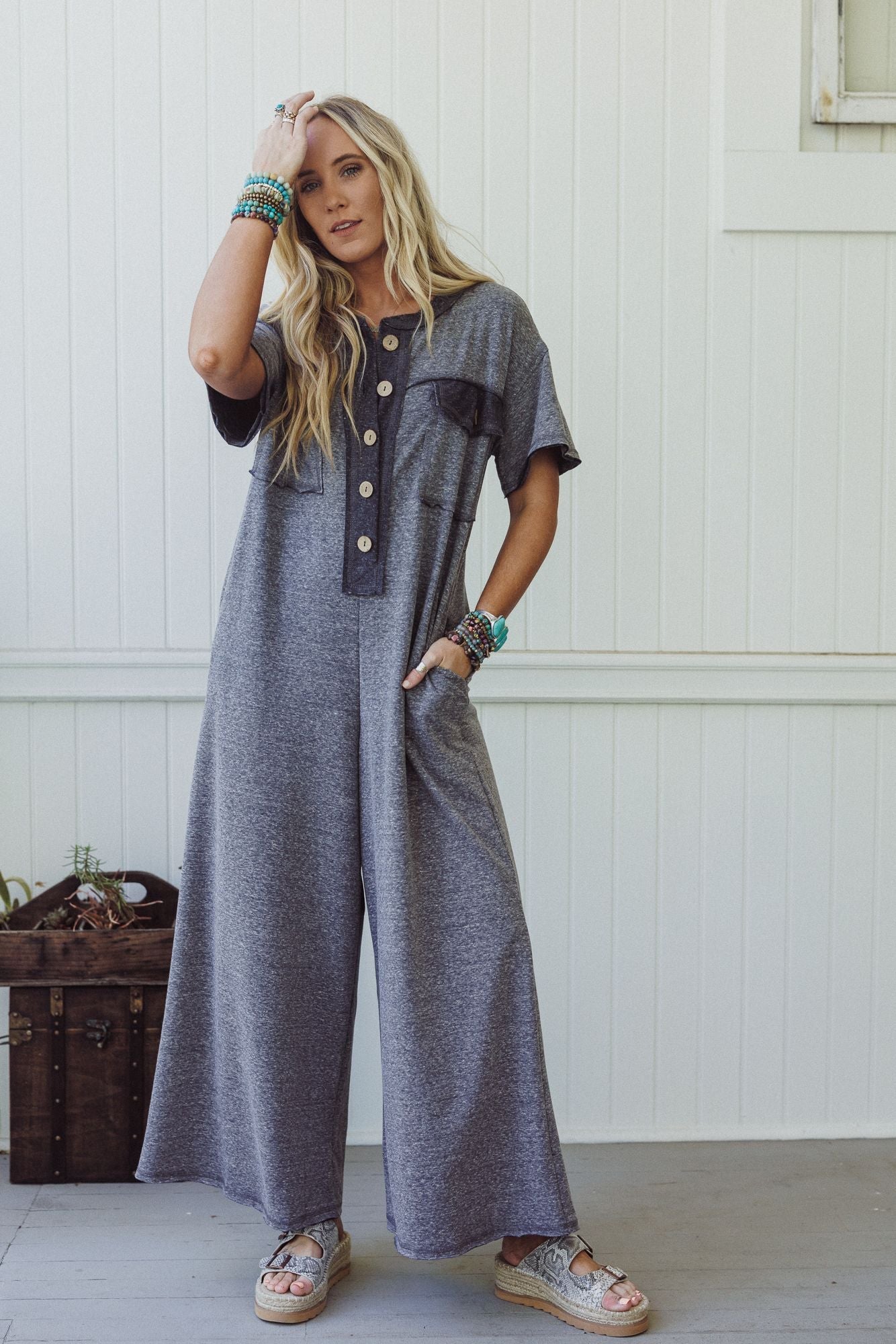 The Nest Jodi Short Sleeve Jumpsuit - Charcoal