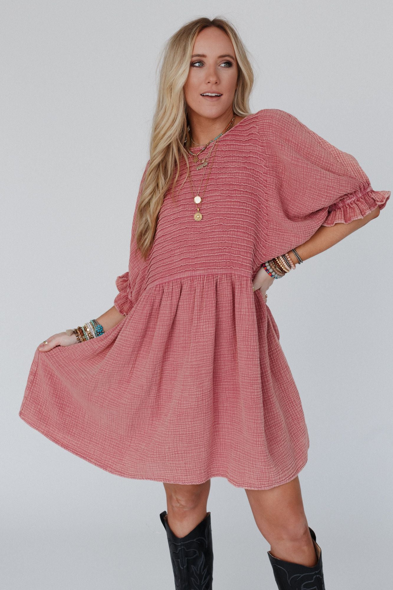 Quinn Puff Sleeve Mini Dress - Rose
