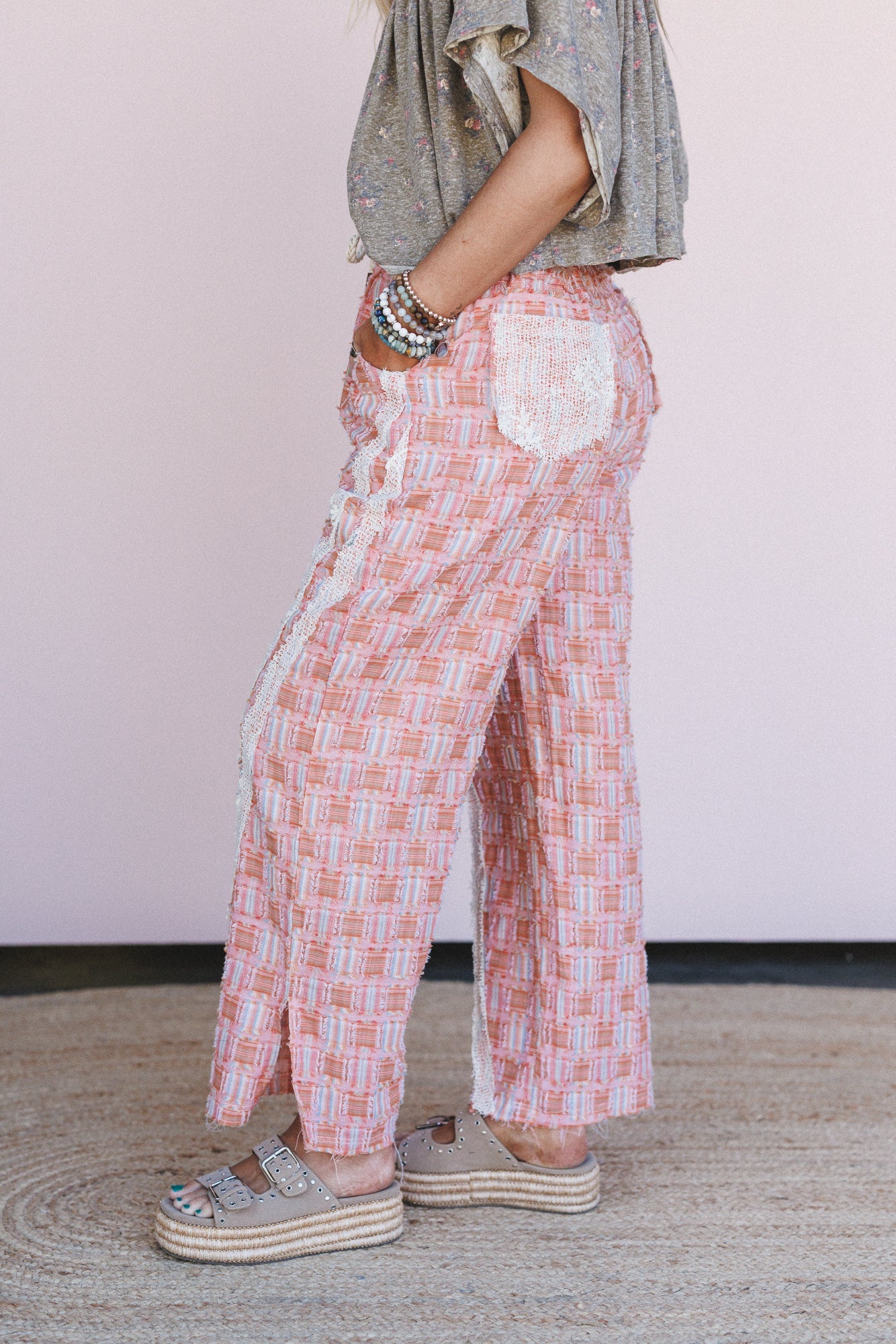 Preppy And Lace Wide Leg Pants - Orange