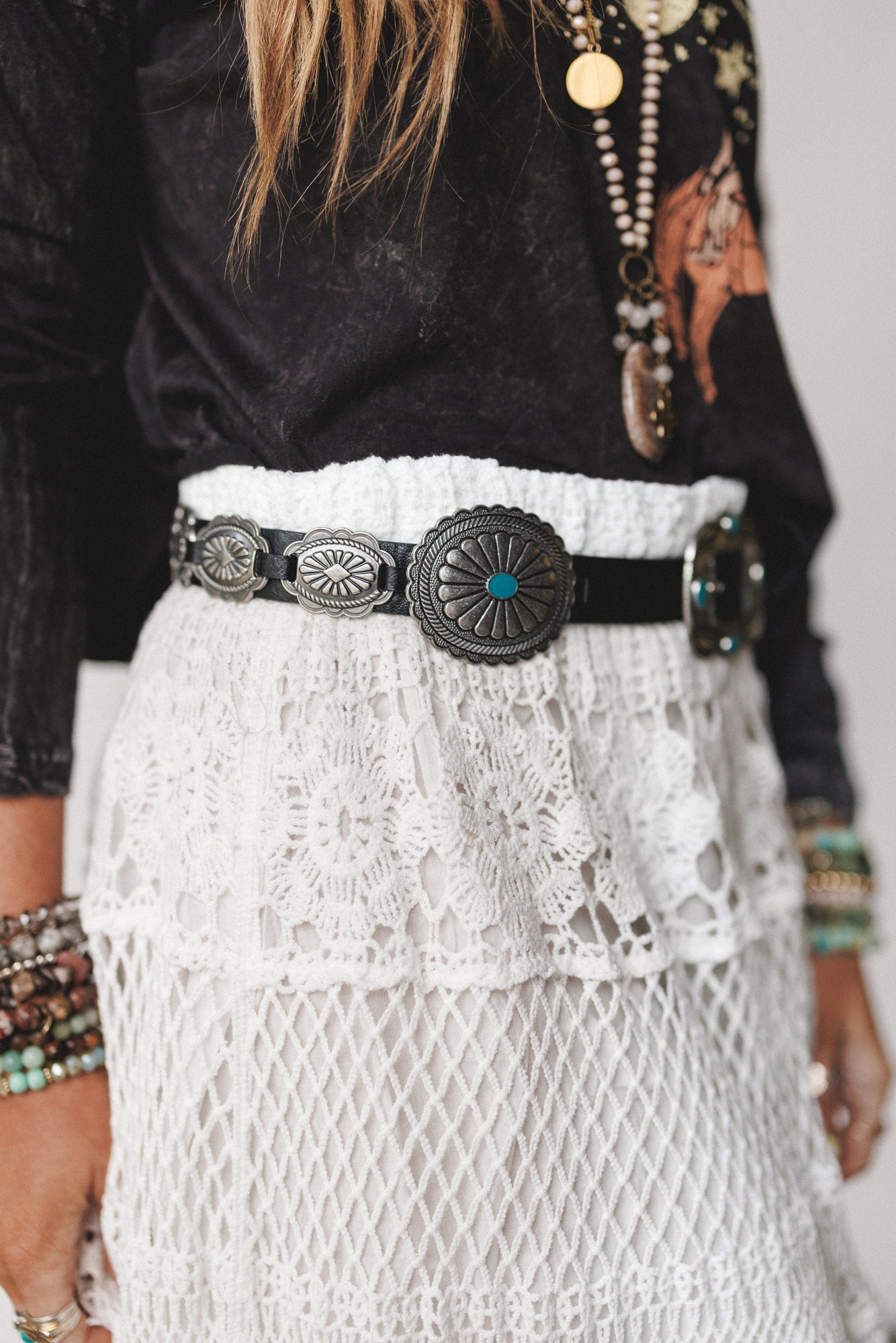 Austin Turquoise Concho Belt - Black