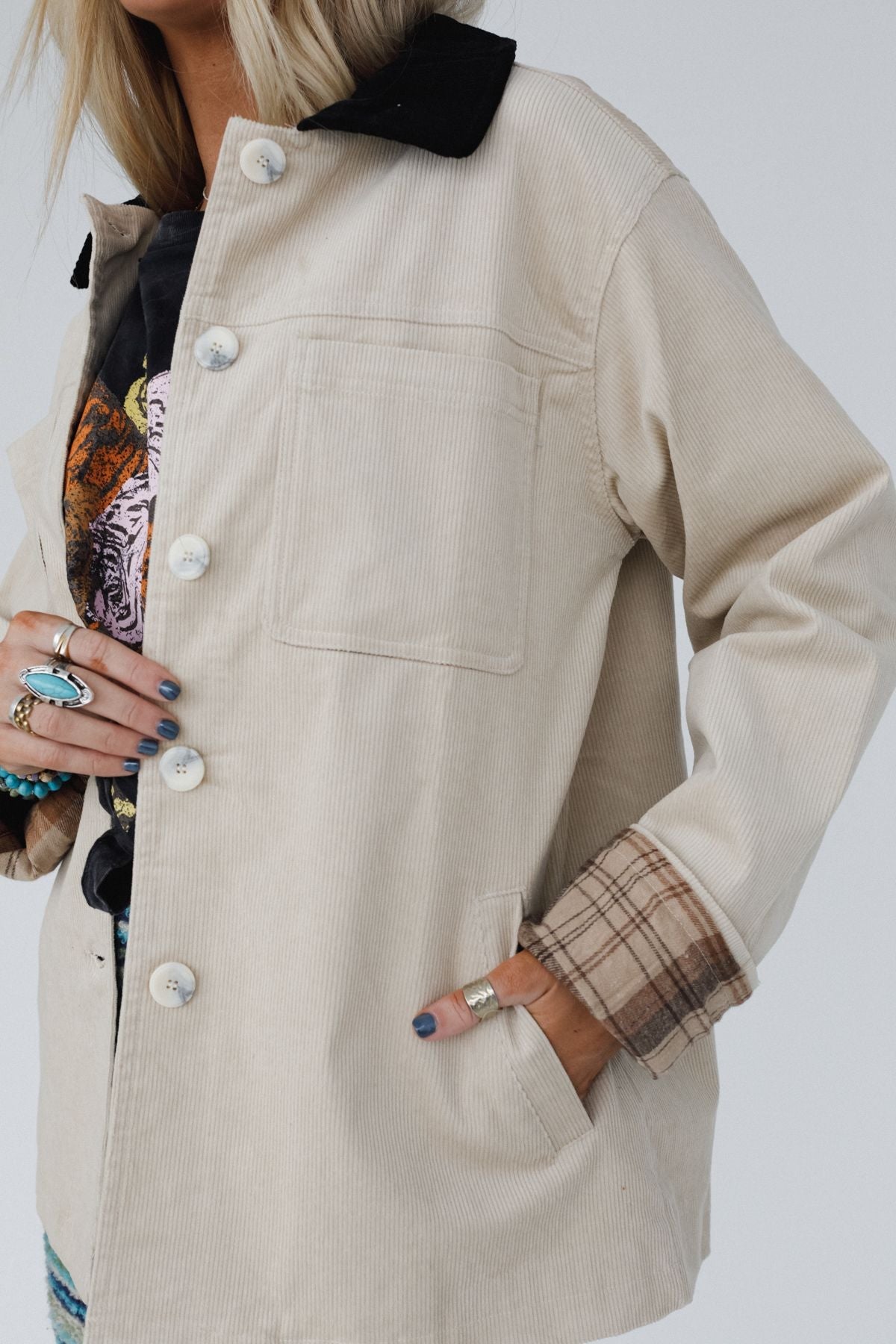 Leni Plaid Corduroy Coat - Beige
