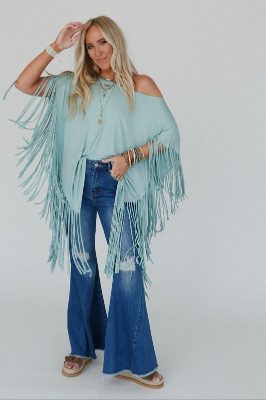 The Nest Showstopper Fringe Top - Washed Seafoam