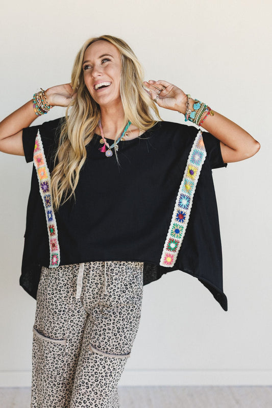 Cottage Bloom Crochet Top - Black