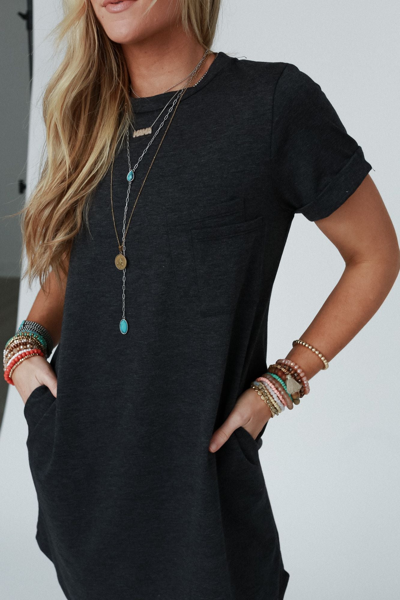 The Nest On The Daily Pocket Tee Dress - Charcoal 2Tone