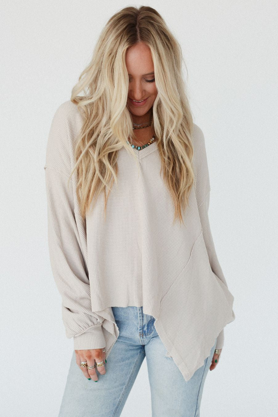 Poetry Thermal V Neck Top - Oatmeal