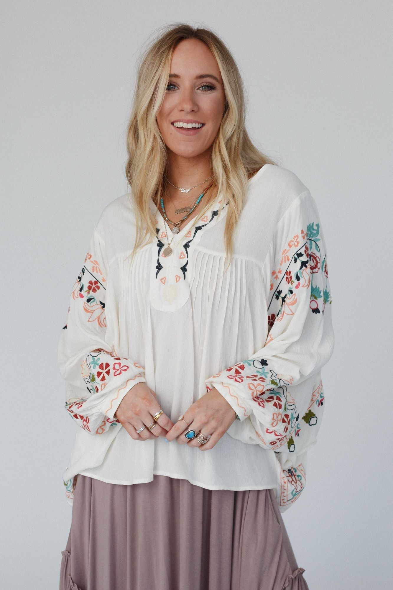 Frida Embroidered Dolman Sleeve Top - Ivory