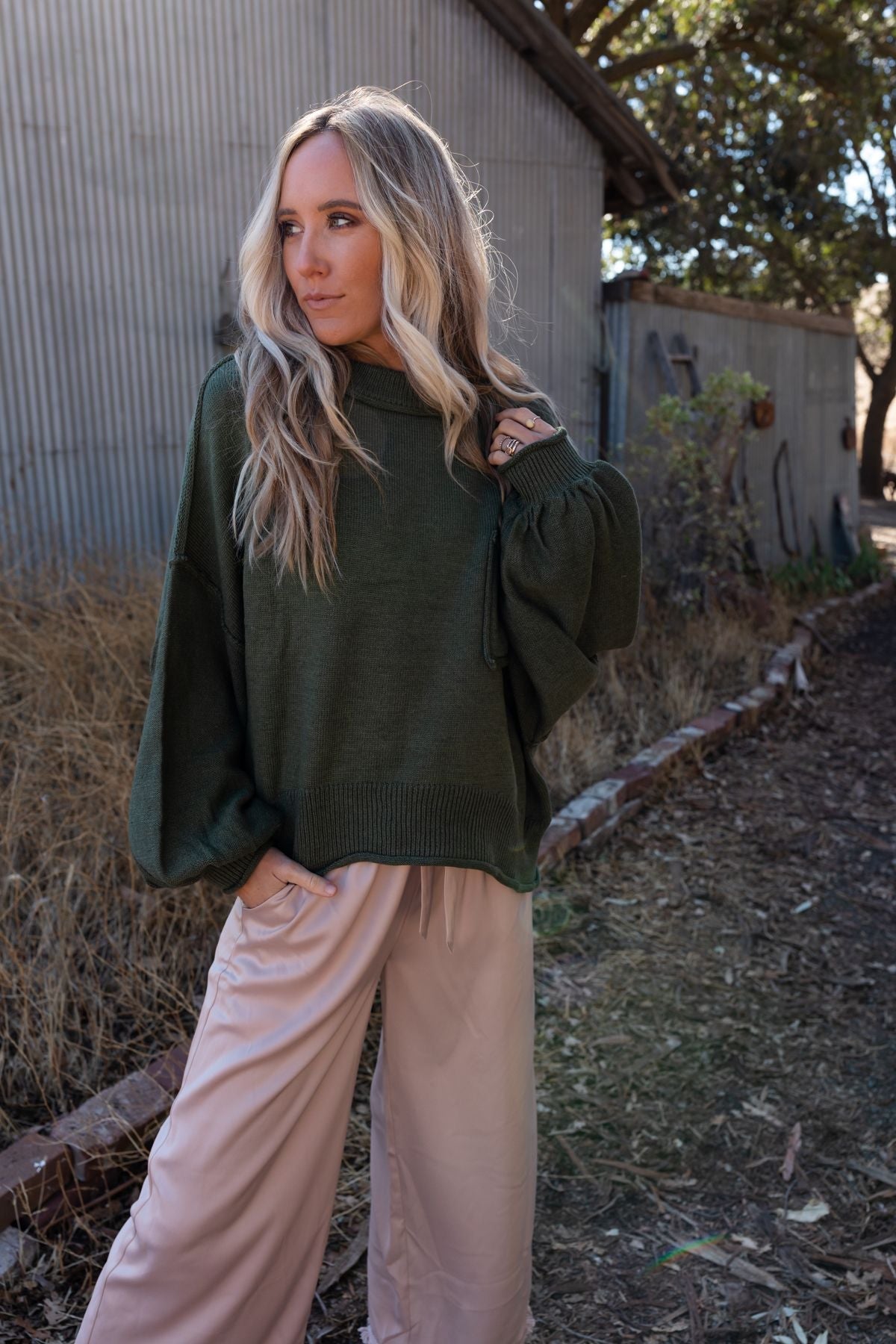 Fireside Talks Balloon Sleeve Sweater - Olive