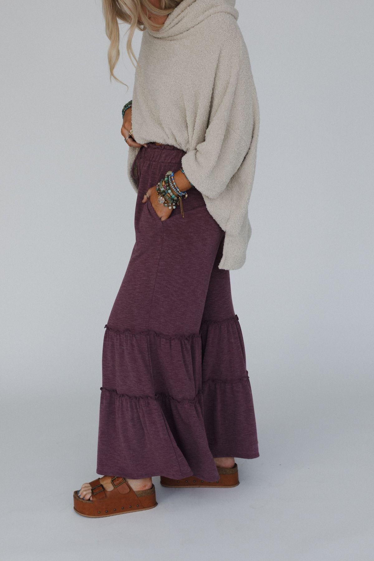 The Nest Milla Ruffled Wide Leg Pants - Burgundy