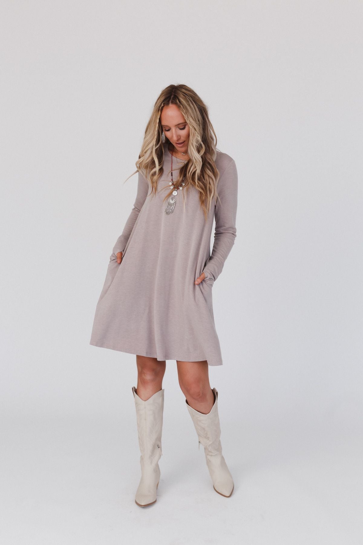 The Nest Jake Long Sleeve Crewneck Dress - Mocha Latte