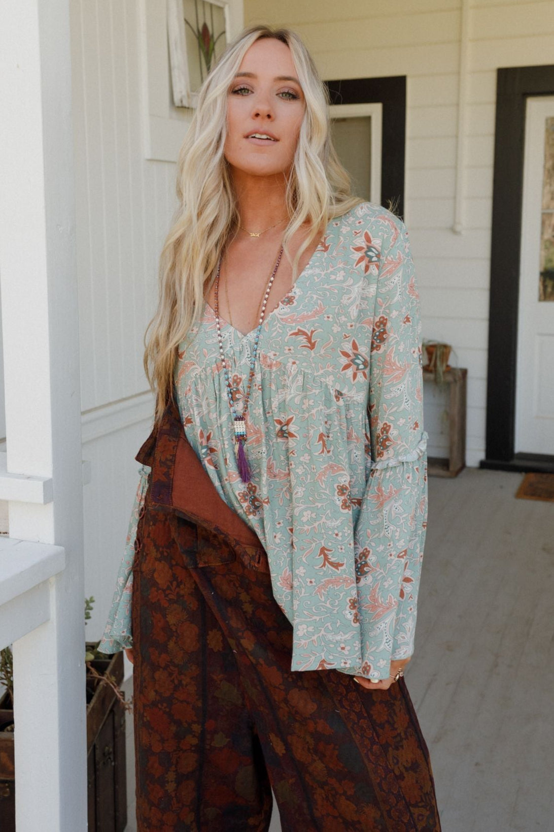 The Nest Brea Mixed Print Top - Sage Floral Print