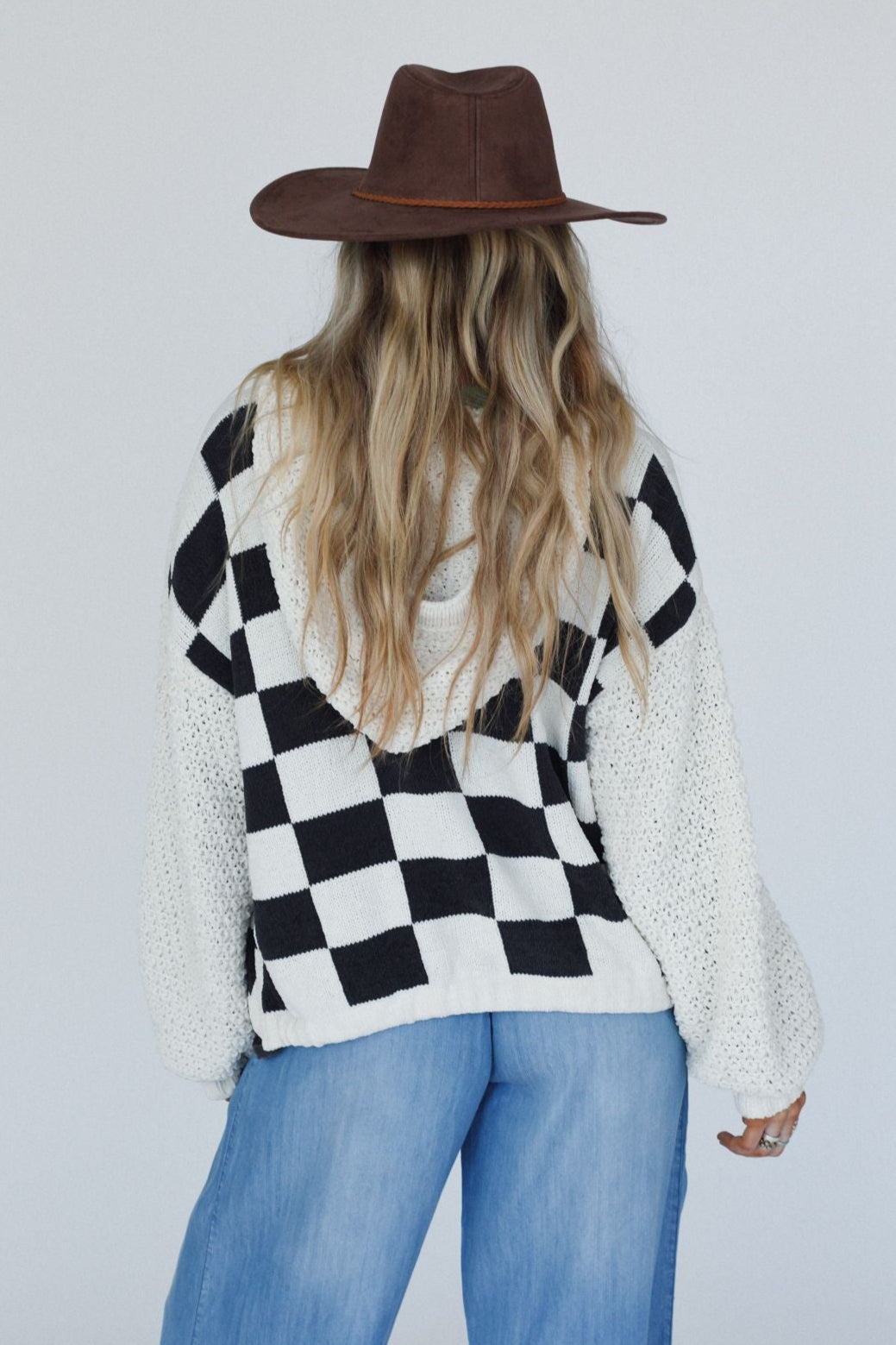 Flower Check Hoodie Top - Cream