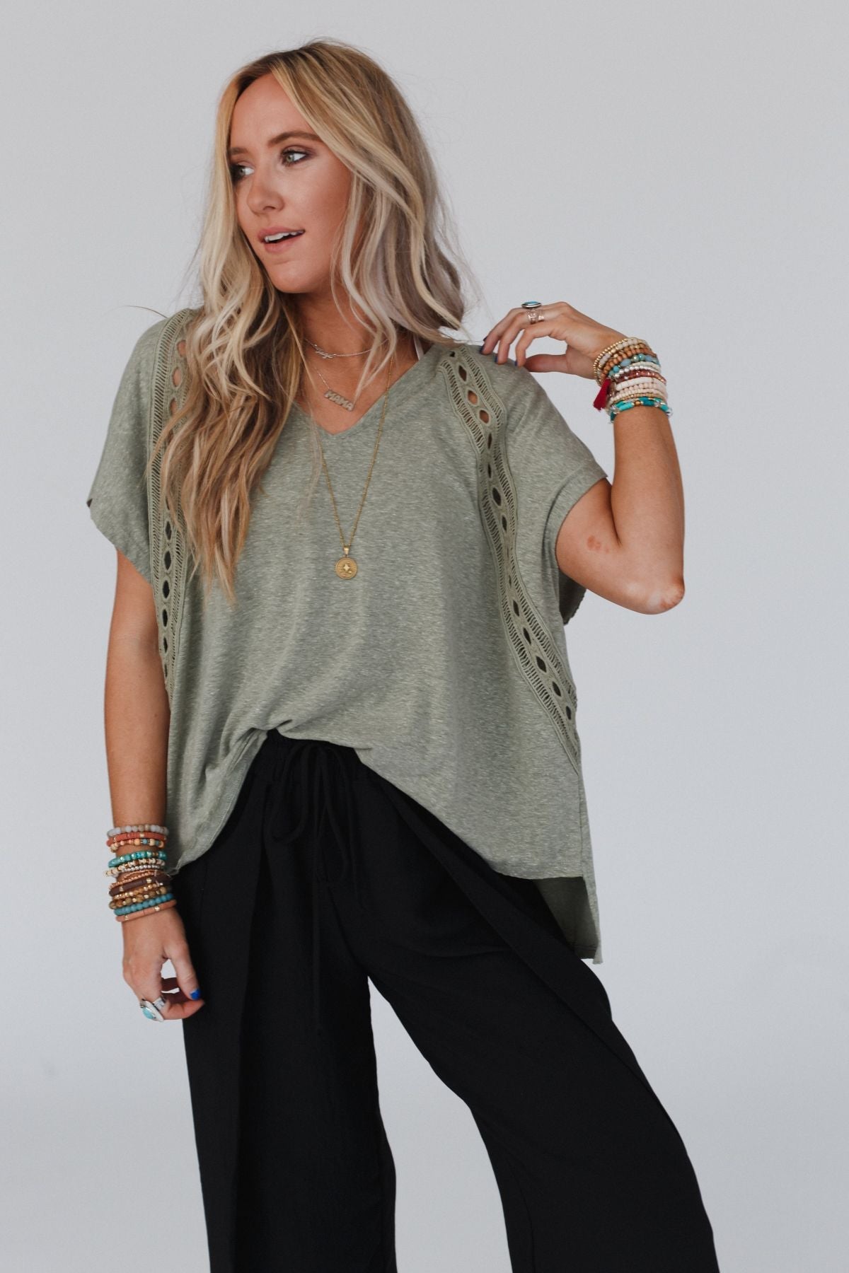 The Nest Camden Lace V Neck Top - Olive