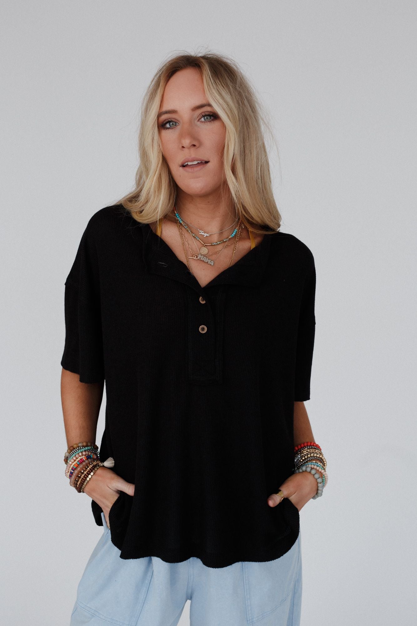 The Nest Soft Plume Henley Top - Black