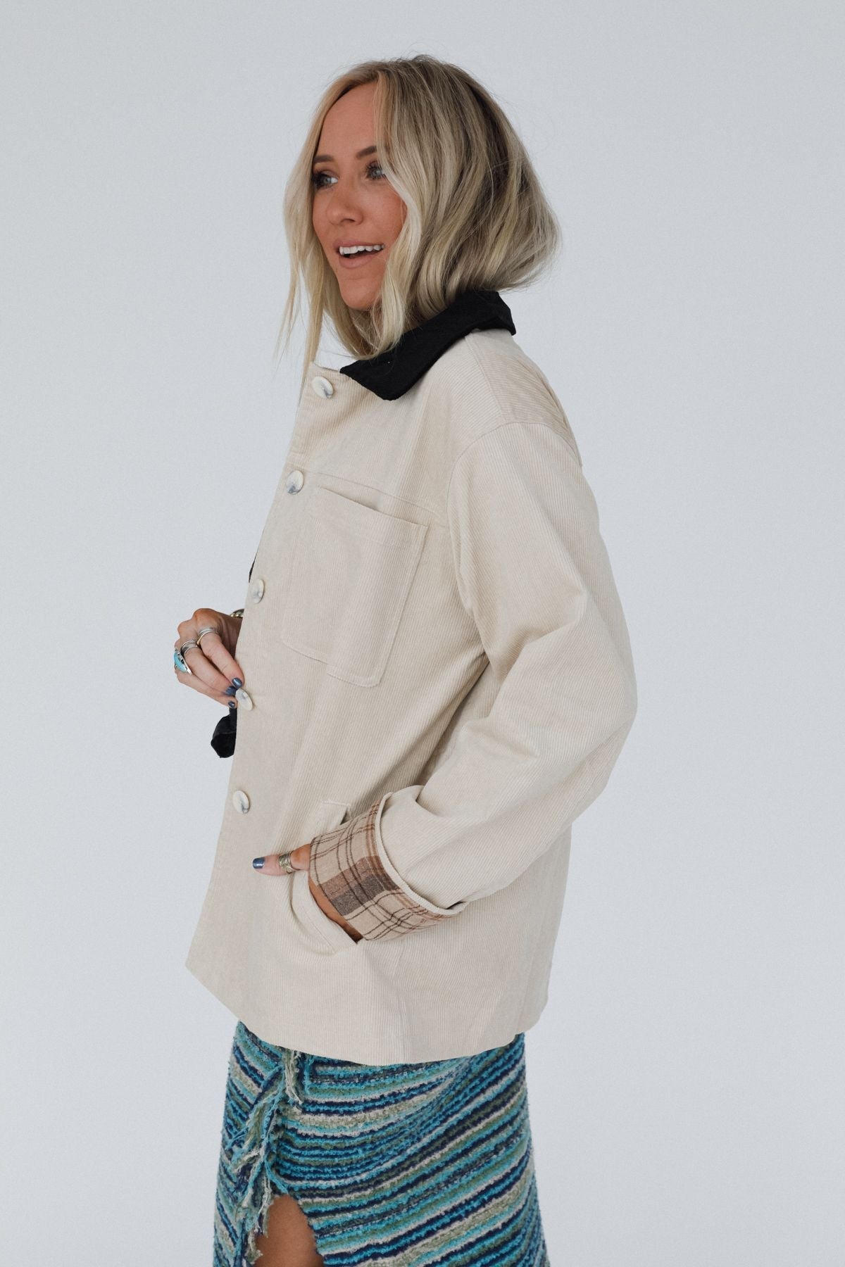 Leni Plaid Corduroy Coat - Beige