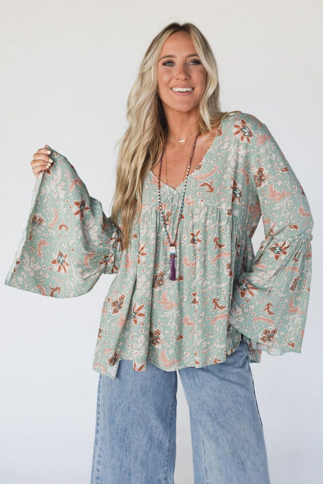 The Nest Brea Mixed Print Top - Sage Floral Print