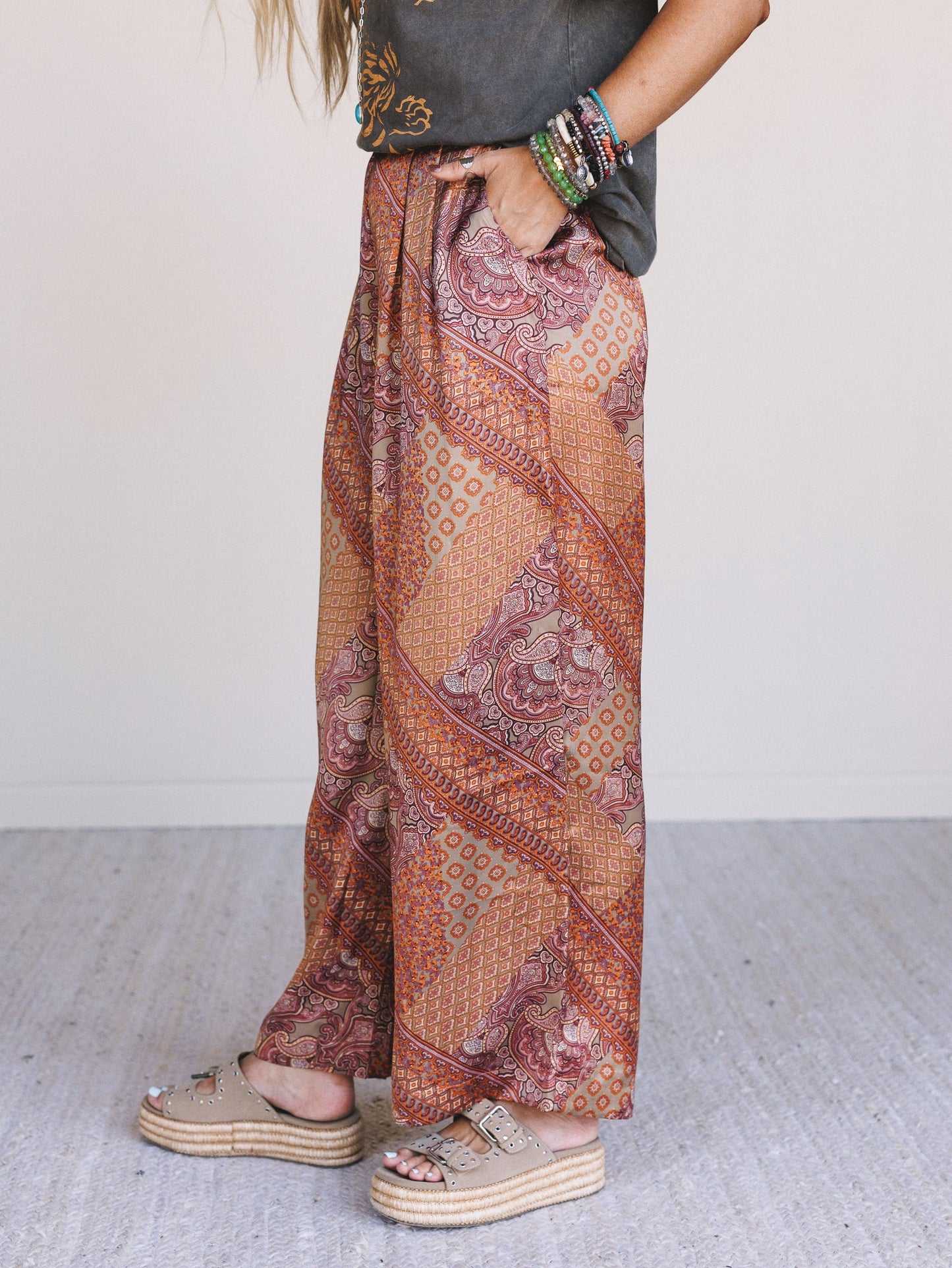 Birch Paisley Wide Leg Pants - Hazelnut