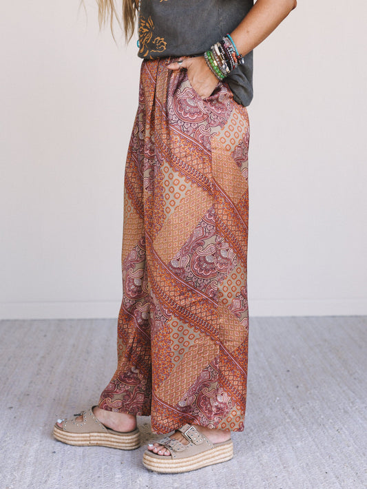 Birch Paisley Wide Leg Pants - Hazelnut